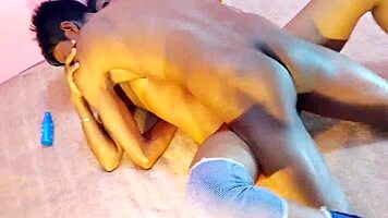 Horny couple Sumona and Rubel engage in deepthroat and fucking with big black cock.