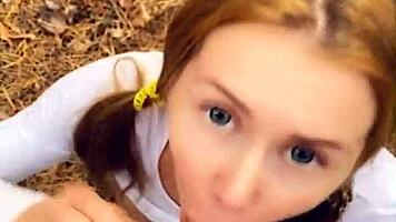 Horny teen 18+ gives public blowjob with cum play POV