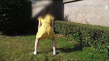 What’s under this 19-year-old brunette’s skirt?