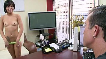 fucking a sexy brunette young 18+ woman in the office with small natural tits and doggystyle pussy action