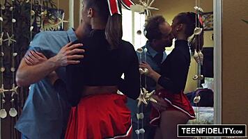 Hey, cute cheerleader Liza Rowe shakes her pom poms! 🎉