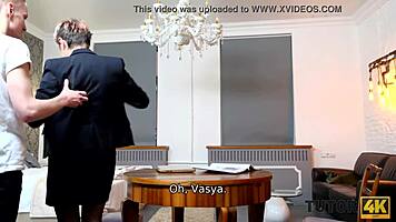 tutor4k mature woman with short haircut gives muff to young man for sex