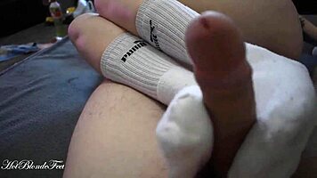 Footjob in long socks by Miley Grey
