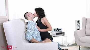 Skinny Brunette Kris The Foxx In High Heels Sucks His Cock And Gets Fucked In An Armchair
