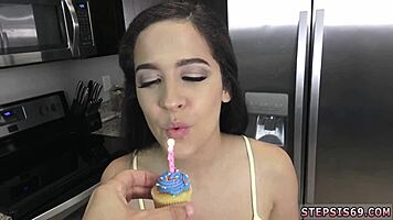 Teen licks boobs and gets devirginized on her birthday