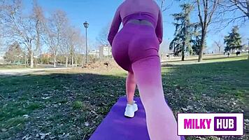 teen babe bends over in yoga for pussy stimulation