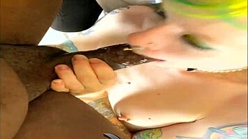 Skinny whore sucking black cock interracial