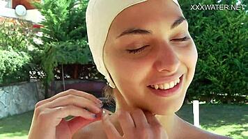 WOW! Naked Petite 18+ Brunette Pornstar Masturbating by the Pool in Hot Scene!