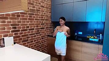 Booty Brunette Pussy Drilling Dildo for Morning Orgasm at Breakfast