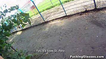 fucking glasses teen gets blowjob and pussy pounded on construction site, swallowing cum