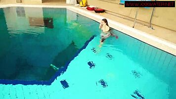 Hairy ginger Polish teen 18+ swims naked in pool underwater, showing tits in bikini