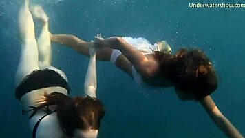 Naked Girls on Tenerife Splash in Pool, Fun in Water