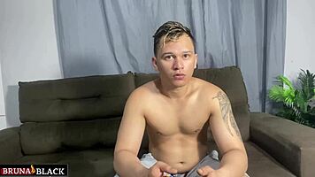 Petite latina strips naked while he plays video game, offering her big clit pussy for monster cock fuck and cum