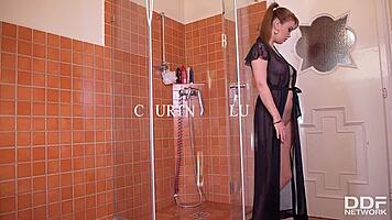 Steamy shower masturbation with horny russian redhead courtney blue using toys on petite legs and feet.