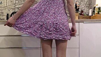 hot babe girlfriend teases with pussy and tits in kitchen for casting in skimpy sundress. nothing hidden in this audition scene.