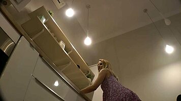 hot babe girlfriend teases with pussy and tits in kitchen for casting in skimpy sundress. nothing hidden in this audition scene.