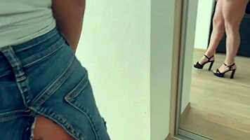 Young Couple Fucks in Torn Jeans Shorts with High Heels