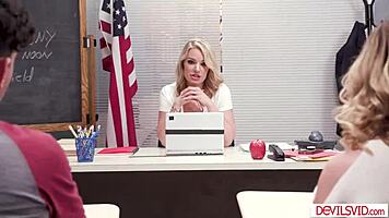 big tits milf teacher licks and fucks teen students in threesome.