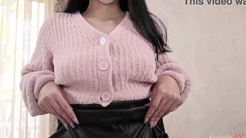 sexy brunette sofi li fingers her tight shaved pussy with desperate moves.