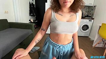 fucking my curly-haired neighbor with small tits while wife's out. huge load covers her face!