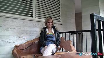 Sweet Blonde Teen Models Nylon Stockings And Heels