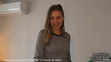 New 19yo Girl with Braces Tries First Time on Studio Sofa