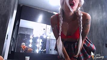 Beautiful Blonde Deepthroats Monster Cock and Plays with Milky Cum