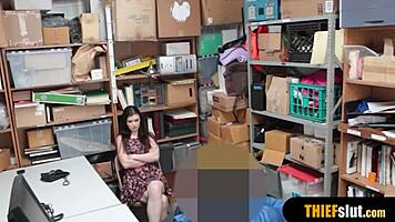 Skinny Anastasia Rose disciplined by mall cop in store.