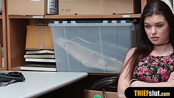 Skinny Anastasia Rose disciplined by mall cop in store.