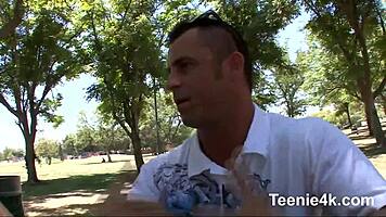 Skinny brunette teen babe with small tits. She shows pussy lips in detailed closeup.