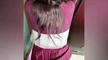 Mexican schoolgirl in uniform gets fucked by neighbor from behind while folding clothes, secretly recorded and filled with cum.