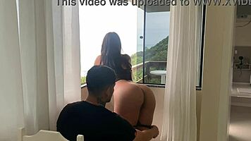 Submissive rider gets assfucked with buttplug in lingerie at beach house, gaping and spitting