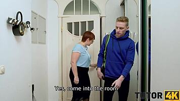 Angry boy bangs short-haired redhead tutor hard at her place.