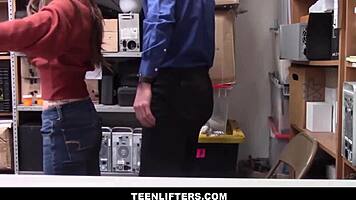 Skinny shoplifter Kenzi Ryans makes sex deal with officer in the shop.