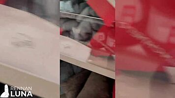 novinha walks in shopping with anal plug then gets creampie in ass bent over