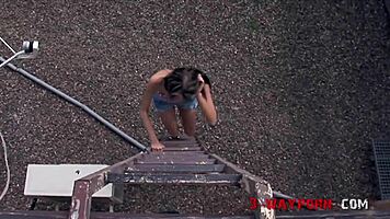 3-way porn - rooftop double dick anal fuck for skinny teen?