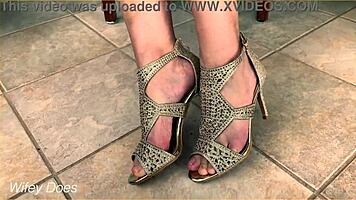 Wife teases with tight upskirt while showing off new heels outdoors