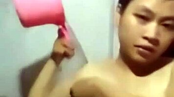 Khmer girl bathes in shower for sex with student
