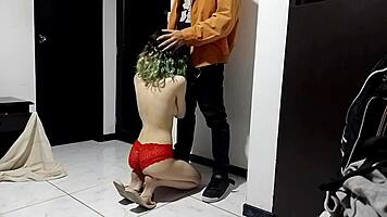 Fresh from the shower, I tease delivery man in panties for wild 69 standing.