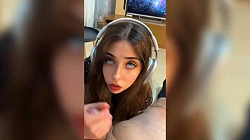 Blonde girl fucks doggystyle while listening to music, her pussy squeezes monster cock during orgasm speaking spanish.