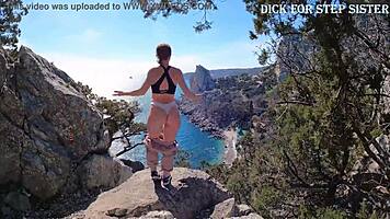 Public erotica with stunning Russian teen flashing ass by sea and mountains