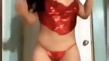 Peruvian cousin dances twerking in red outfit on webcam