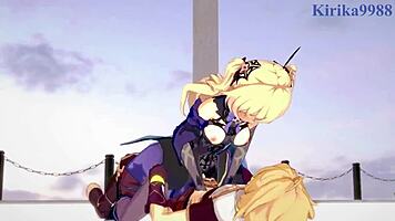 Amber and Fischl Fuck Aether in Genshin Hentai