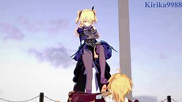 Amber and Fischl Fuck Aether in Genshin Hentai