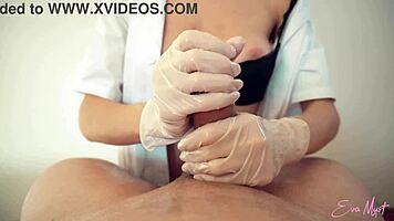 Sexy Nurse Eva Myst Gives Professional Handjob with Gloves and Oil