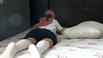 Ella Resists But Gets Convinced for Homemade Sex with Old Man in Stockings and Uniform