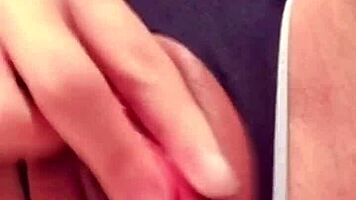 Nympho selfie girl seduces with shaved pussy squirting