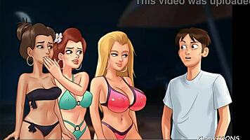 summertime saga - kinky girlfriend shares her boyfriend's big dick with bff on beach