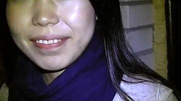 Young Asian babe sucks dick and gives ass in public