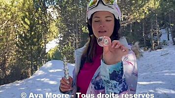 ava moore gets surprised by skiers while fingering her ass on the train